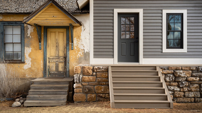 Before and after renovation diptych of a house facade. Old damaged stucco walls and weathered door replaced with modern gray fiber cement siding and faux stone foundation