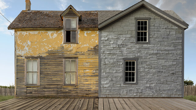 Full house exterior renovation before and after diptych. Abandoned building with peeling stucco and weathered wood siding transformed with gray fiber cement stone veneer panels and new roof