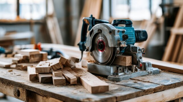 Circular saw resting on workbench surrounded by timber offcuts and sawdust, spinning blade guarded, dust illuminated by workshop light, scene evokes active carpentry and joinery, toolset ready