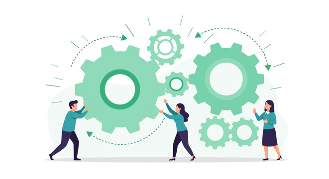 Teamwork connecting gears in a collaborative environment with vector illustration