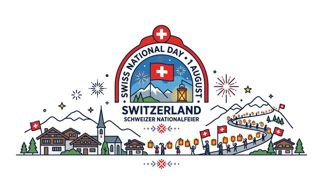 Swiss National Day Celebration 1 August, Alpine Village, Mountains, Fireworks, Lanterns