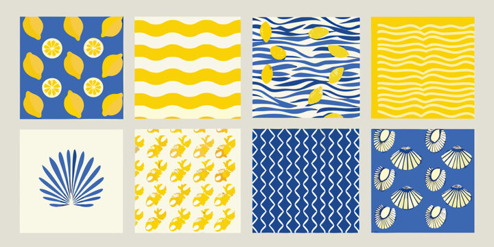 summer card templates with vibrant lemon and shell patterns