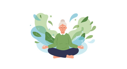 Fototapeta premium An elderly woman with white hair is sitting in a lotus position, peacefully meditating amidst calming abstract shapes and green leaves.