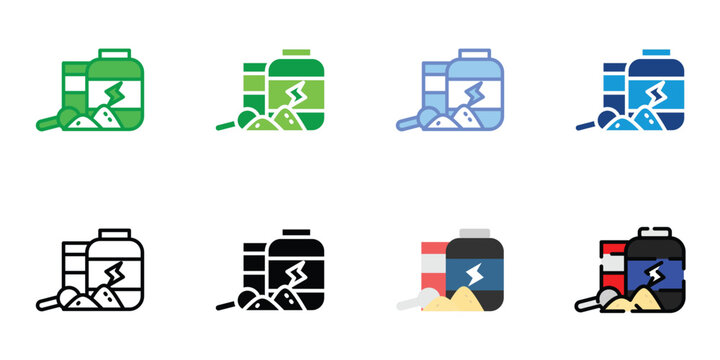 Sports Nutrition Protein Powder Supplement Container Icon Set with Scoop Fitness Nutrition and Bodybuilding Vector Illustration