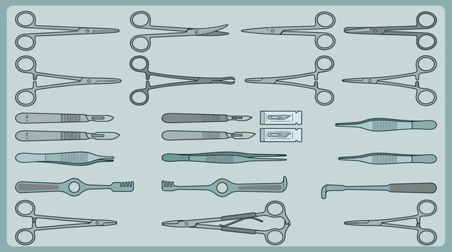 Detailed illustration of various surgical instruments used in medical procedures.