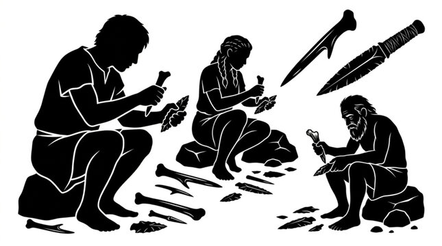 Prehistoric stone tool knapping silhouette illustration with caveman primitives making flint arrowheads and bone harpoons