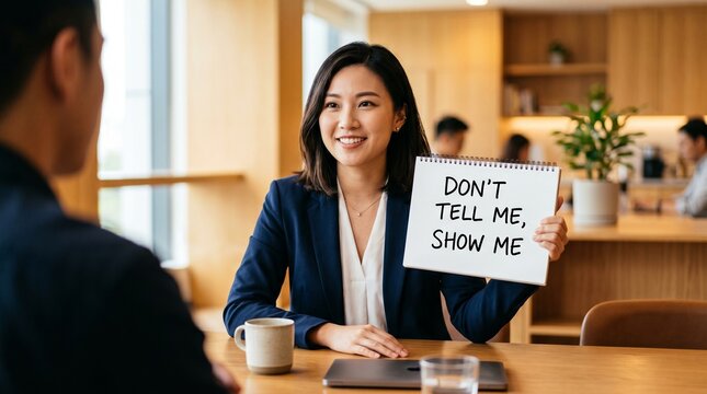 Businesswoman in a meeting holds a sheet reading don't tell me, show me, emphasizing accountability, evidence-based communication, and decisive leadership in a professional setting.