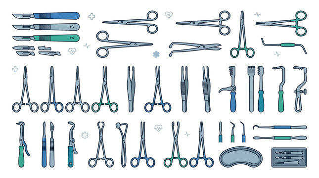 Set of various surgical instruments for medical procedures.
