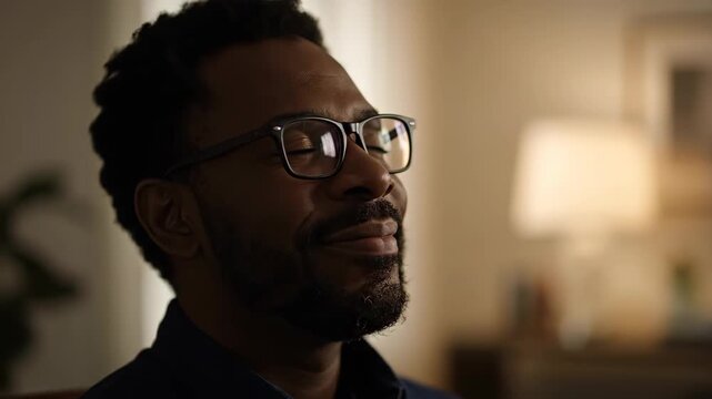 Close-up of a black man wearing glasses indoors, a man wearing glasses ponders