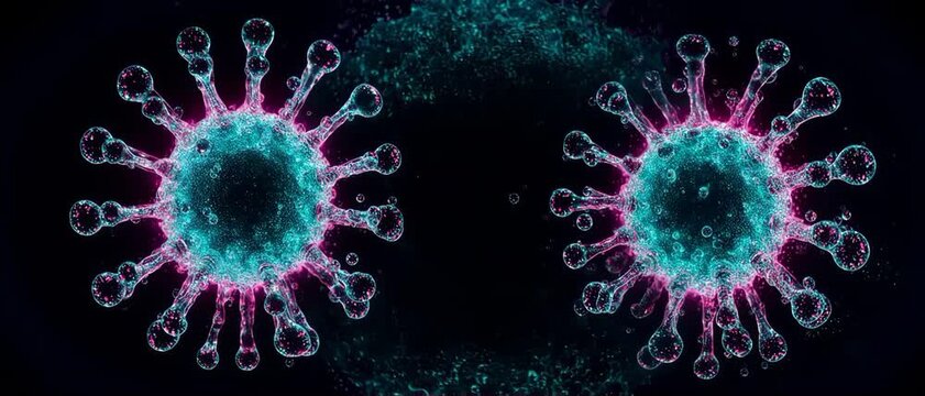 Floating quantum liquid droplets in turquoise and magenta forming an abstract viral structure