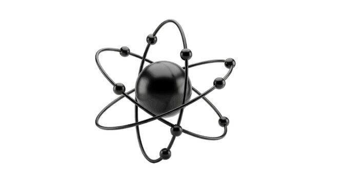 Minimal black silhouette icon, simple flat vector, bold black shape, no, no shading render of a black atom model with orbiting electrons on a, flat icon style