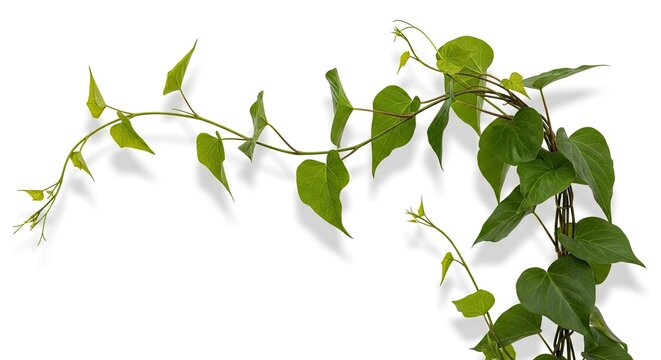 A green vine gracefully drapes over a white surface. The plant's leaves are heart-shaped and vibrant green.