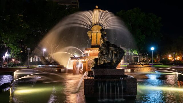 Timelapse clip of the Archibald Fountain in Sydney, Australia - seen at night