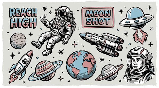Retro space exploration sticker set. Astronaut and rocket ship illustrations. Vintage comic book style galaxy elements. Moon shot mission art.