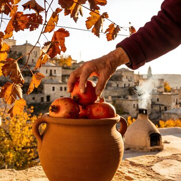 Lori Harvest Season Elderly Hands Pomegranate Clay Pot Golden Light