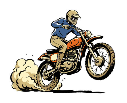 Vintage motocross rider doing wheelie illustration. Retro scrambler motorcycle offroad racing. Dirt bike stunt action graphic design.
