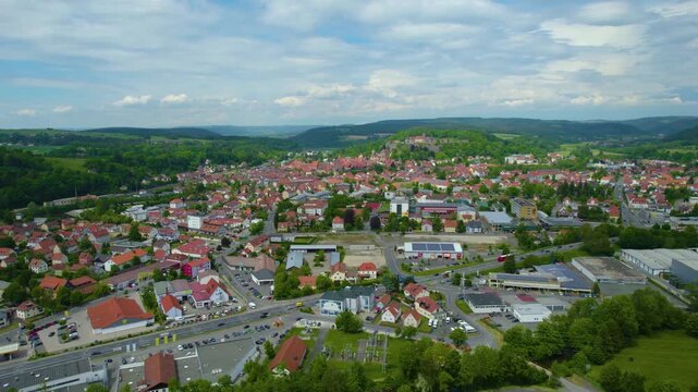 Aerial view beside the old town and city of Kronach, in Germany on a sunny day in spring