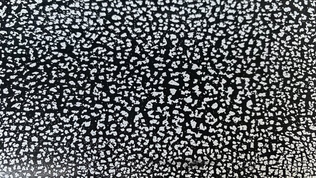 Close-up of cracked paint texture forming irregular white patches on dark base, emphasizing abstract surface deterioration
