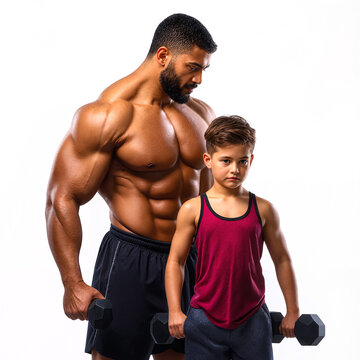 Muscular Fitness Father Training with Son Holding Dumbbells
