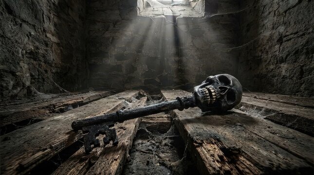 Dark Skeletal Key with Skull Head on Cellar Floor
