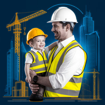 Construction Engineer Father and Child at Building Site