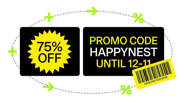 Sale banner with 75 percent discount promo code and barcode graphic