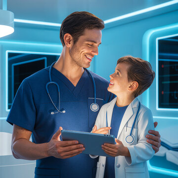 Doctor Father Mentoring Young Child in Medical Environment