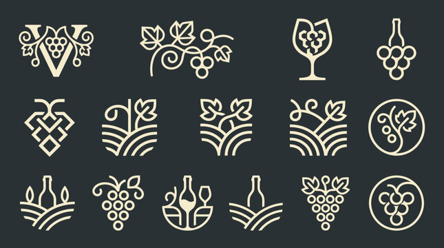 Collection of elegant wine and grape themed logos and emblems.
