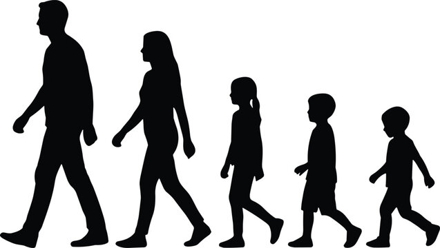 Black silhouettes of a happy family with three children walking in a row isolated on white background