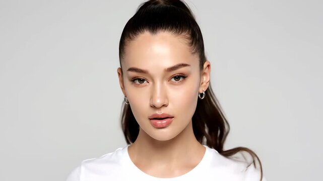 Close-up of a woman with a ponytail, a flattering girl with a multi-angle face