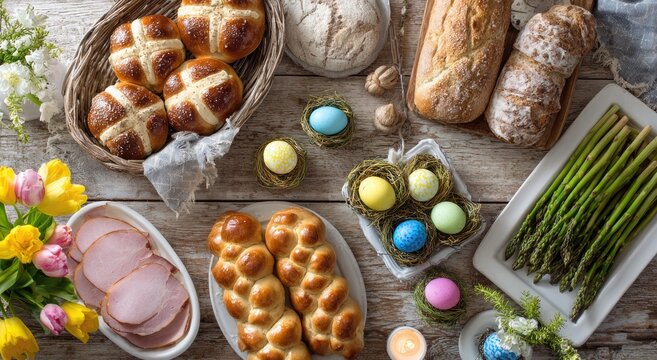 Overhead view of a festive Easter brunch spread with baked goods, eggs, and ham