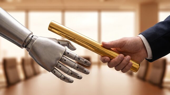 Businessman taking a golden relay baton from an open robotic hand in a corporate boardroom setting.