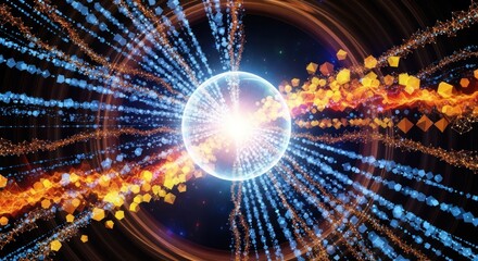 Obraz premium A glowing sphere explodes with streams of digital particles and quantum energy.