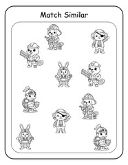 Obraz premium Printable costume animal picture matching worksheets for preschool and pre-k learners. Kids identify matching dressed-up animal pairs and draw connecting lines, building visual discrimination 