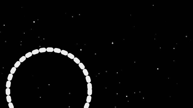 Dashed line circles with film grain texture and flickering dust specks on black background for vintage cinematic overlay