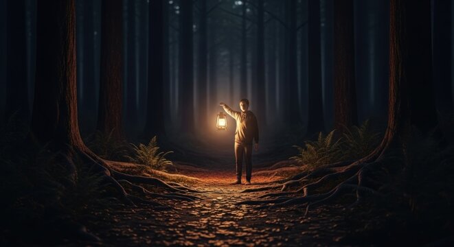 Person holding a lantern walks through a dark, misty forest