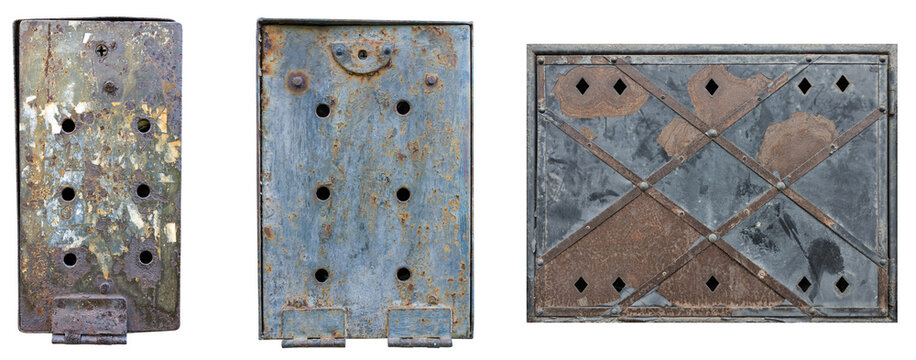 Rusty Peeling Painted Metal Access Door PNG With Hinges Strips And Rivets On Transparent Background Graphic Design Asset