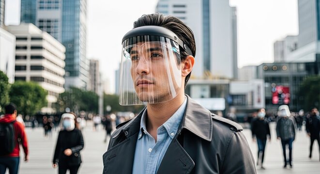 A man wearing a face shield in a busy city street.