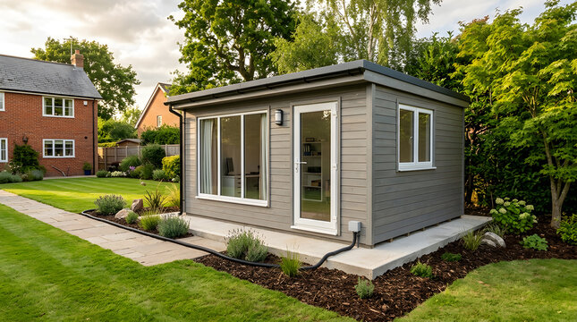 Modern Garden Office Room in Backyard | Contemporary Wooden Garden Studio for Remote Work | Luxury Home Office Pod with Large Glass Windows | Sustainable Backyard Workspace and Landscaped Design Layou