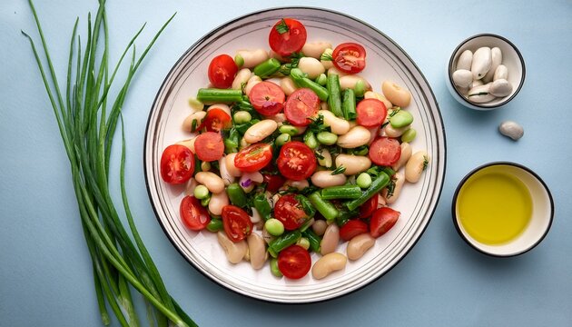 flat lay of salad with cannellini beans cherry tomatoes green onions herbs and olive oil arranged artistically concepts of healthy food salad food art deconstructed presentation food flat lay