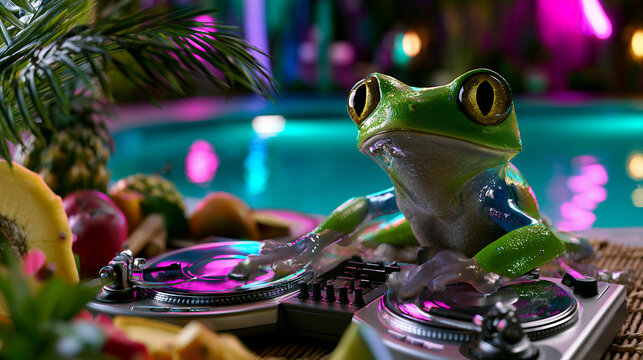 Cool green tree frog DJing at tropical pool party with neon lights and fruit, fun concept