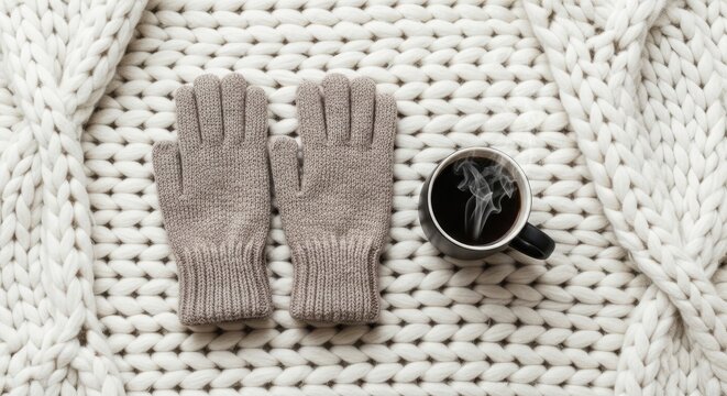 A pair of beige gloves and a black mug of hot coffee on a white knitted blanket.