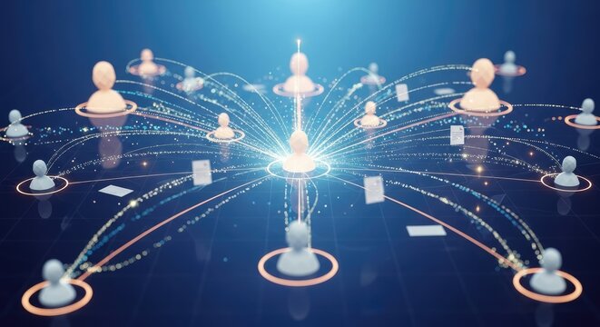 A network of interconnected avatars on a blue background with glowing lines connecting them.