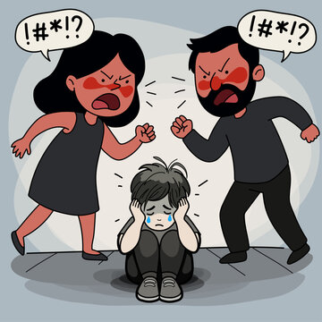 Social illustration. Child stress issues. Mental health. Family conflicts. Vector illustration.