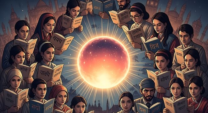 Diverse group of people reading books surrounding a glowing radiant sun sphere.
