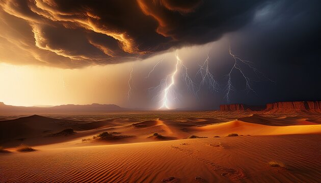 dramatic sand storm in desert thunderstorm lightning abstract background digital art