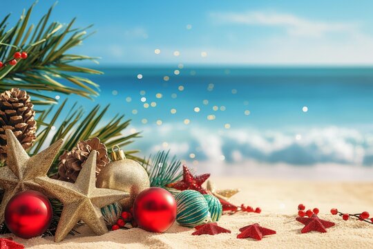 A festive Christmas scene with beach elements, showcasing decorations and ocean waves in the background.