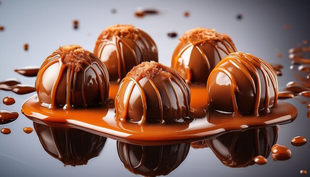 decadent chocolate truffles draped in smooth rich caramel sauce on a glossy surface