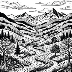Fototapeta premium Scenic mountain valley landscape with a winding river and forest trees, mountain