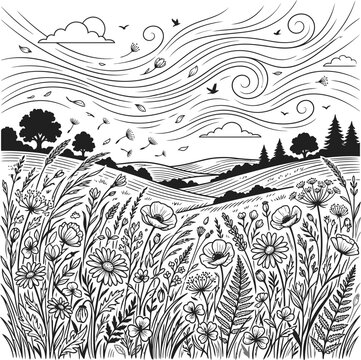 Field of wildflowers on rolling hills under a cloudy sky ink drawing